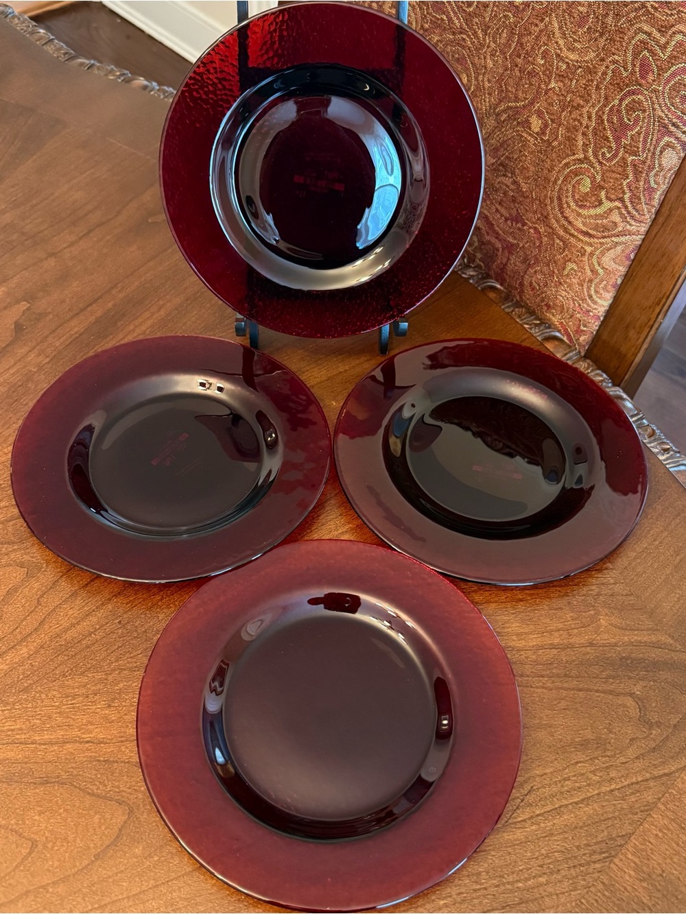 Set of 4 VTG Pier 1 Ruby Red Salad Plates - Smooth Mirror Top, Textured Bottom